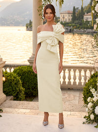 Satin Sheath/Column Off Shoulder Floor-Length Cocktail Dresses with Bow