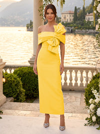 Satin Sheath/Column Off Shoulder Floor-Length Cocktail Dresses with Bow