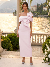 Satin Sheath/Column Off Shoulder Floor-Length Cocktail Dresses with Bow