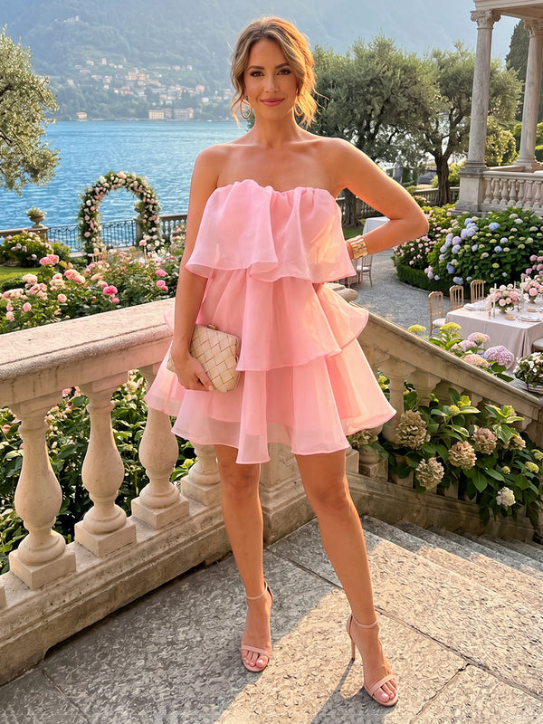 Tulle A-Line/Princess Strapless Mini Cocktail Dresses with Tiered & Ruffles