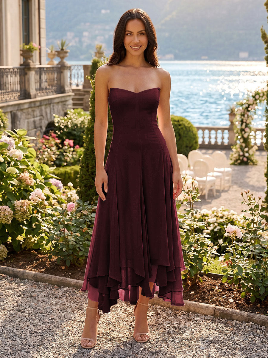Chiffon A-Line/Princess Strapless Tea-Length Cocktail Dresses with Ruffles