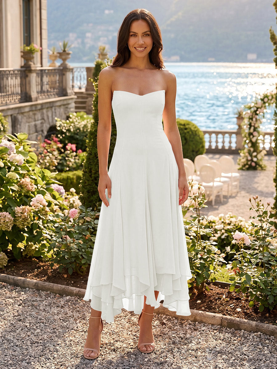 Chiffon A-Line/Princess Strapless Tea-Length Cocktail Dresses with Ruffles