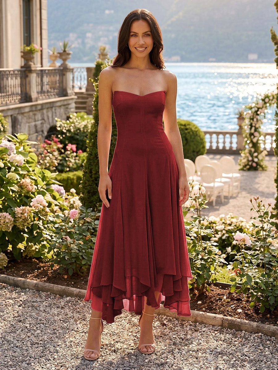 Chiffon A-Line/Princess Strapless Tea-Length Cocktail Dresses with Ruffles