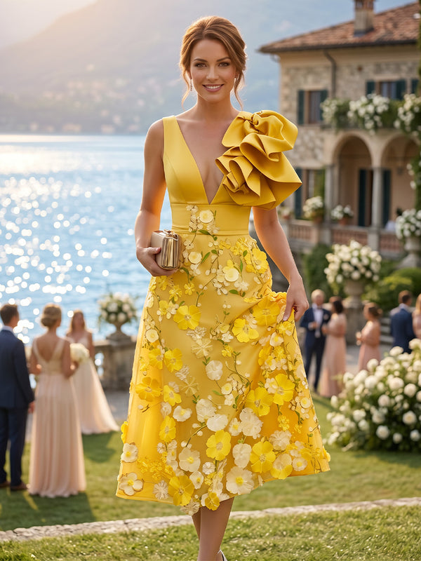 Lace Appliques A-Line/Princess V-Neck Tea-Length Cocktail Dresses with Ruffles