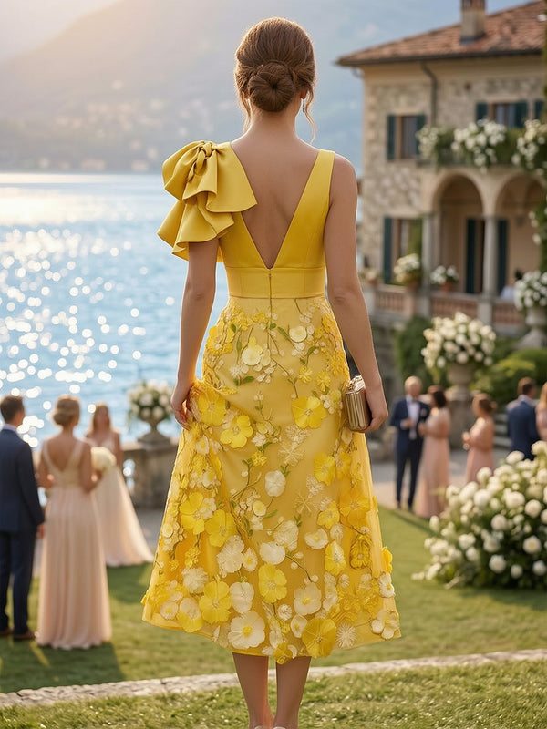 Lace Appliques A-Line/Princess V-Neck Tea-Length Cocktail Dresses with Ruffles