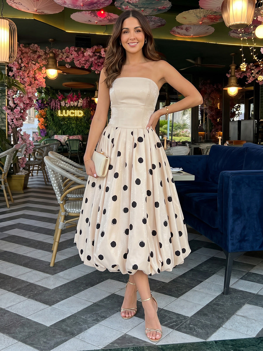 Satin A-Line/Princess Strapless Tea-Length Cocktail Dresses with Polka Dot Print