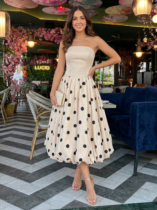 Satin A-Line/Princess Strapless Tea-Length Cocktail Dresses with Polka Dot Print