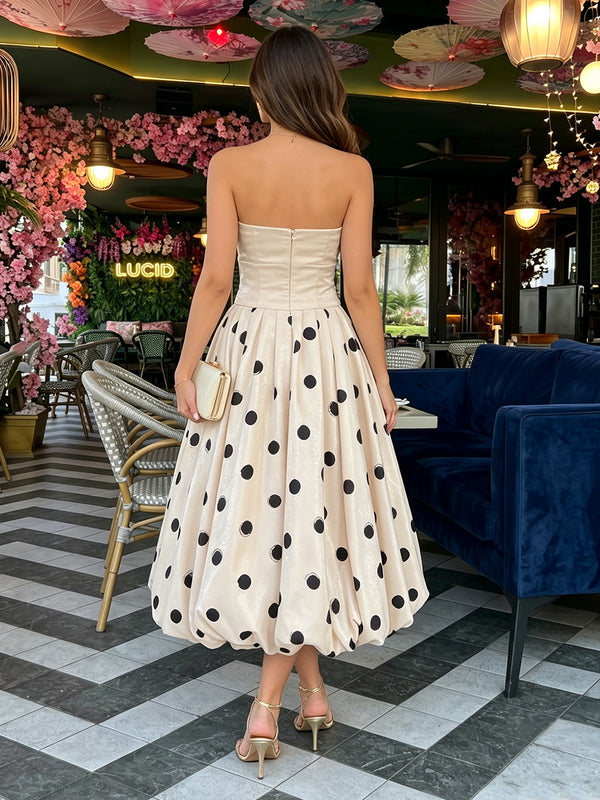 Satin A-Line/Princess Strapless Tea-Length Cocktail Dresses with Polka Dot Print