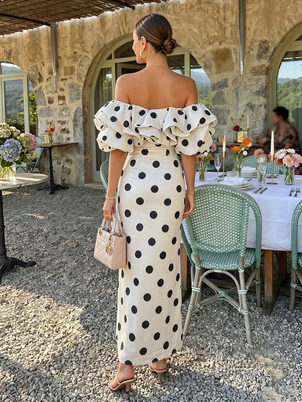 Satin Sheath/Column Off Shoulder Floor-Length Cocktail Dresses with Polka Dot Print