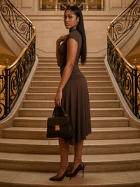 Stretch Mesh A-Line/Princess High Neck Midi-Length Cocktail Dresses with Ruched Waist