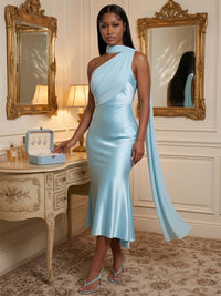 Satin Mermaid/Trumpet One Shoulder Tea-Length Cocktail Dresses with Scarf