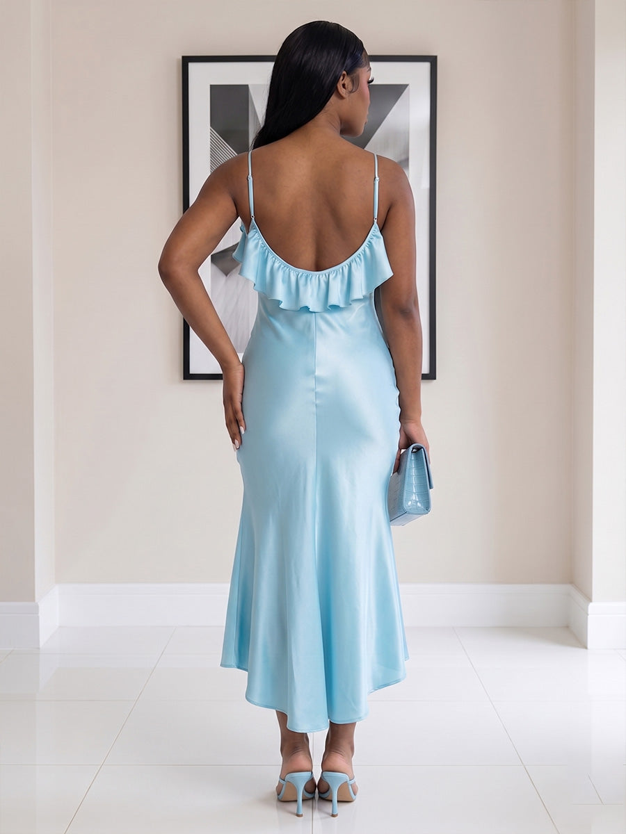 Satin Mermaid/Trumpet Spaghetti Straps Tea-Length Cocktail Dresses with Ruffles
