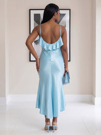 Satin Mermaid/Trumpet Spaghetti Straps Tea-Length Cocktail Dresses with Ruffles