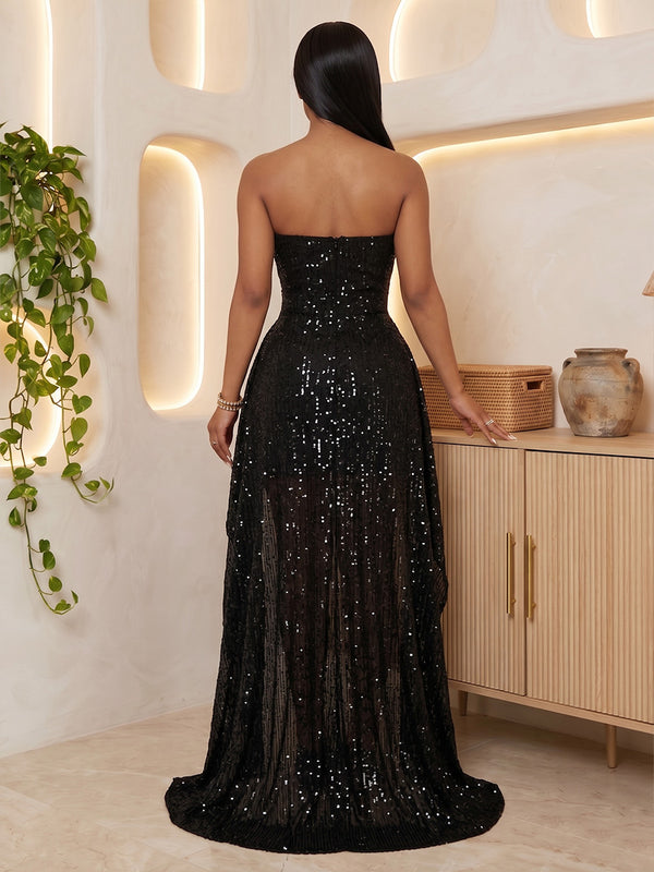 Sequin Bodycon Strapless Short Cocktail Dresses with Sweep Train
