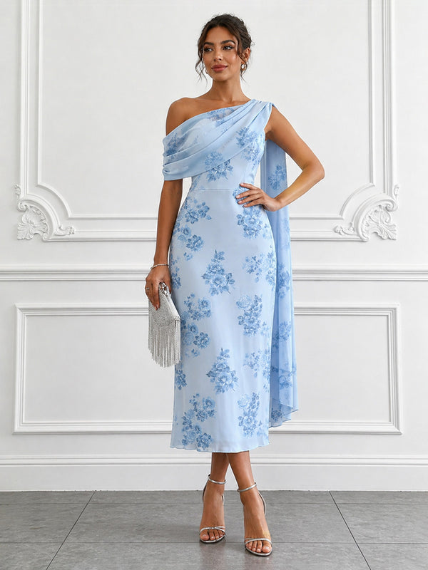 Floral Print Sheath/Column Off Shoulder Tea-Length Cocktail Dresses with Side Draped Sash