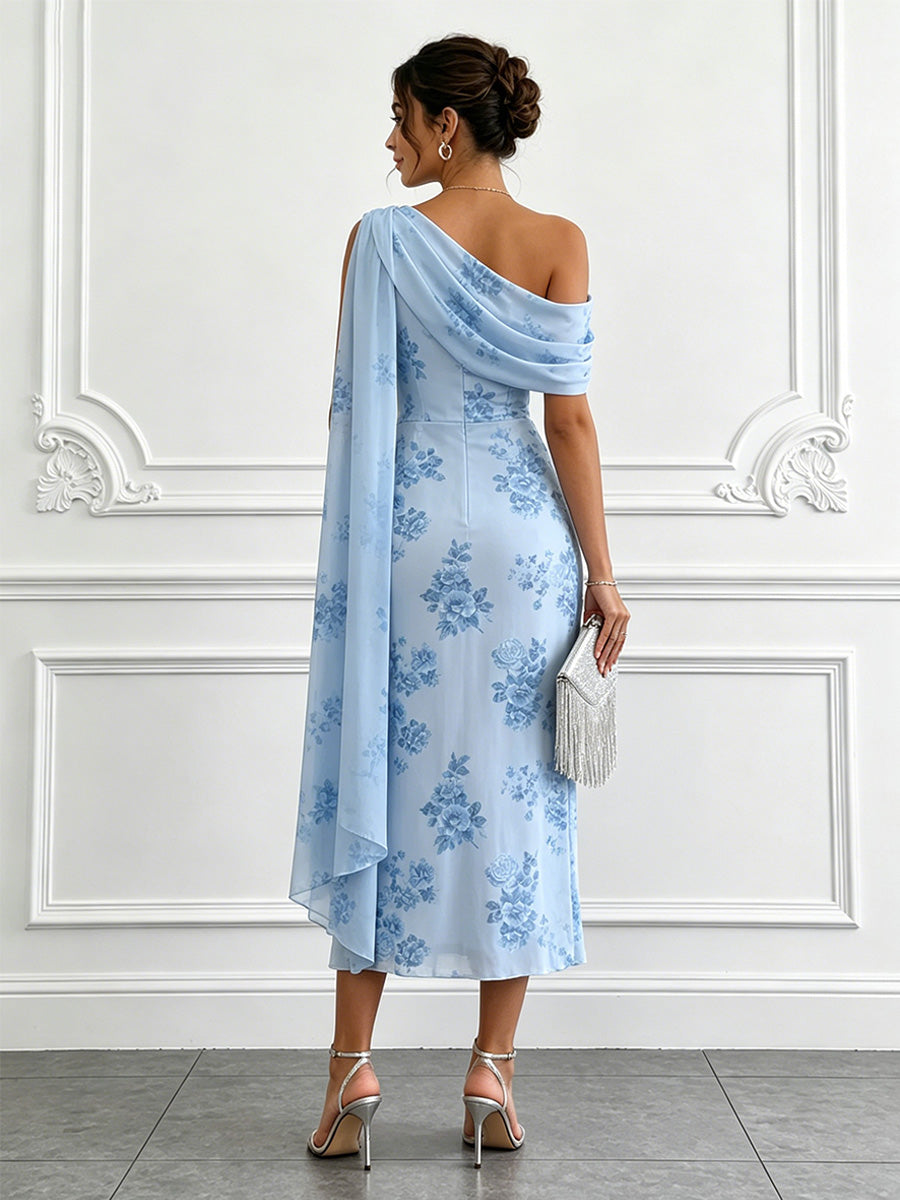 Floral Print Sheath/Column Off Shoulder Tea-Length Cocktail Dresses with Side Draped Sash