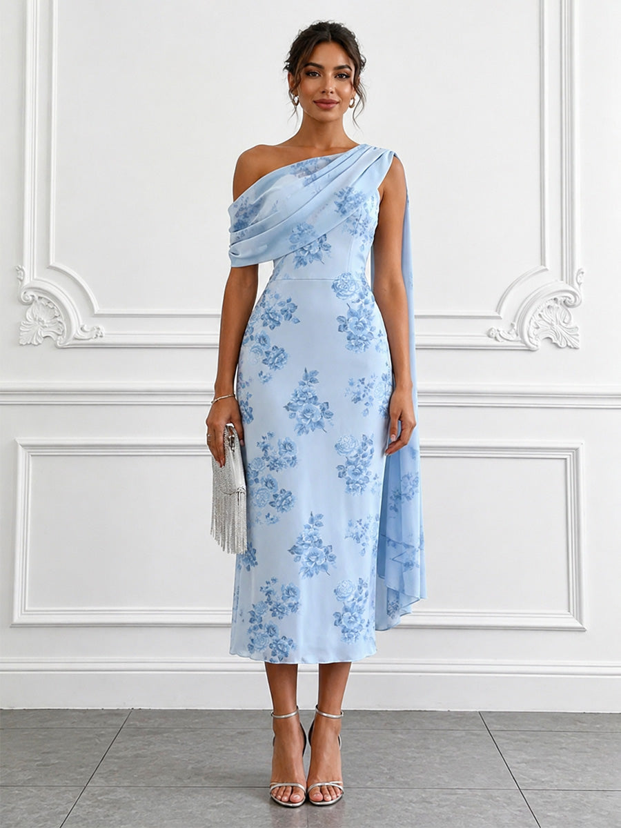 Floral Print Sheath/Column Off Shoulder Tea-Length Cocktail Dresses with Side Draped Sash