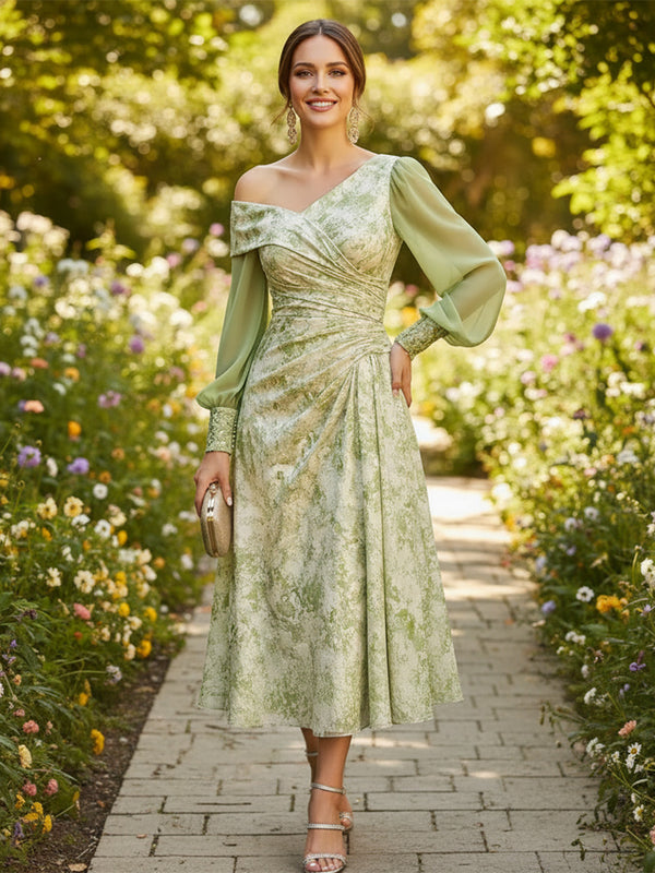 Floral Print A-Line/Princess Off Shoulder Tea-Length Cocktail Dresses with Ruched Waist