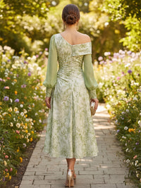 Floral Print A-Line/Princess Off Shoulder Tea-Length Cocktail Dresses with Ruched Waist