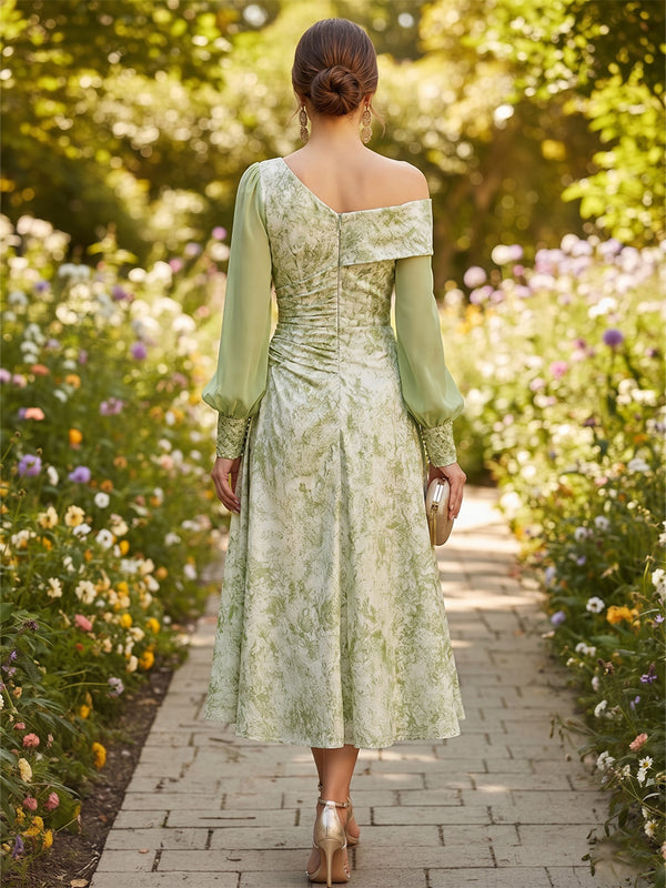 Floral Print A-Line/Princess Off Shoulder Tea-Length Cocktail Dresses with Ruched Waist