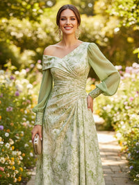 Floral Print A-Line/Princess Off Shoulder Tea-Length Cocktail Dresses with Ruched Waist