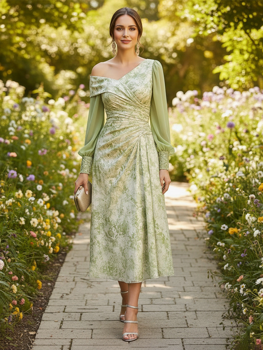 Floral Print A-Line/Princess Off Shoulder Tea-Length Cocktail Dresses with Ruched Waist