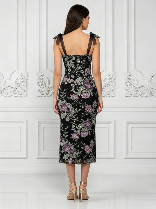 Sequin Floral Sheath/Column Spaghetti Straps Tea-Length Cocktail Dresses for Women