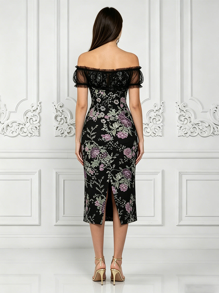 Sequin Floral Sheath/Column Off Shoulder Midi-Length Cocktail Dresses for Women
