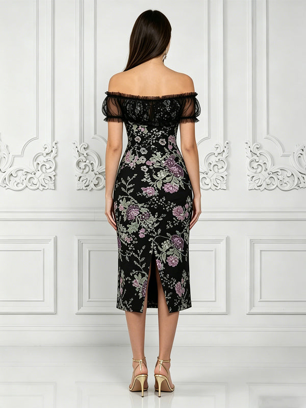 Sequin Floral Sheath/Column Off Shoulder Midi-Length Cocktail Dresses for Women