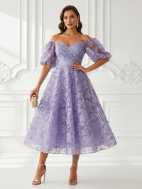 Floral Print A-Line/Princess Off Shoulder Tea-Length Cocktail Dresses with Rhinestones