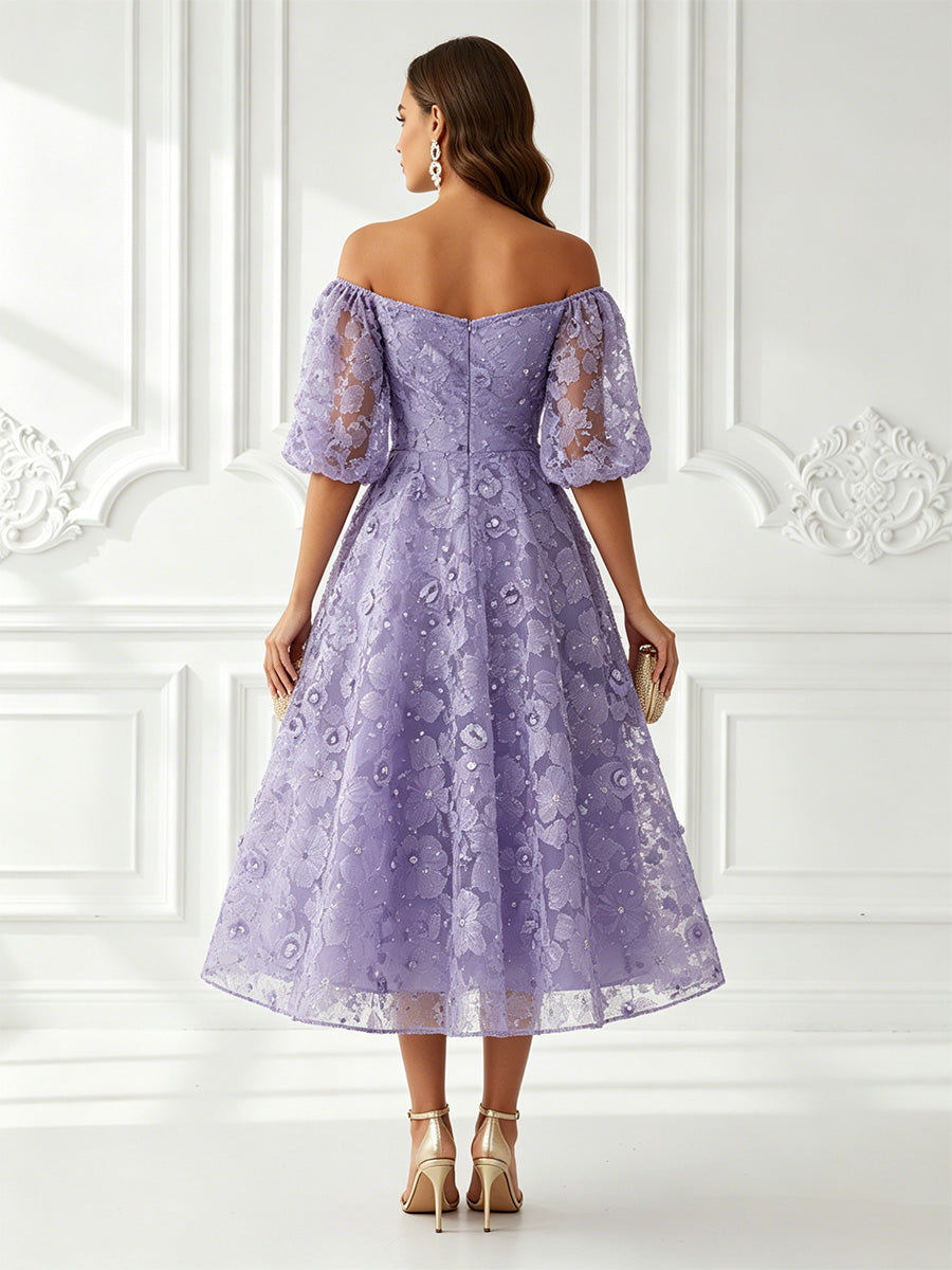 Floral Print A-Line/Princess Off Shoulder Tea-Length Cocktail Dresses with Rhinestones