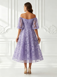 Floral Print A-Line/Princess Off Shoulder Tea-Length Cocktail Dresses with Rhinestones