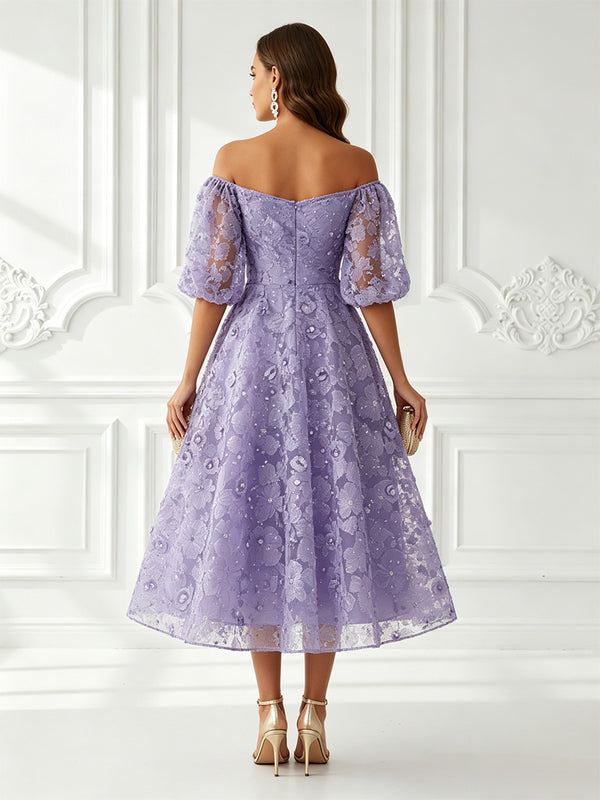 Floral Print A-Line/Princess Off Shoulder Tea-Length Cocktail Dresses with Rhinestones