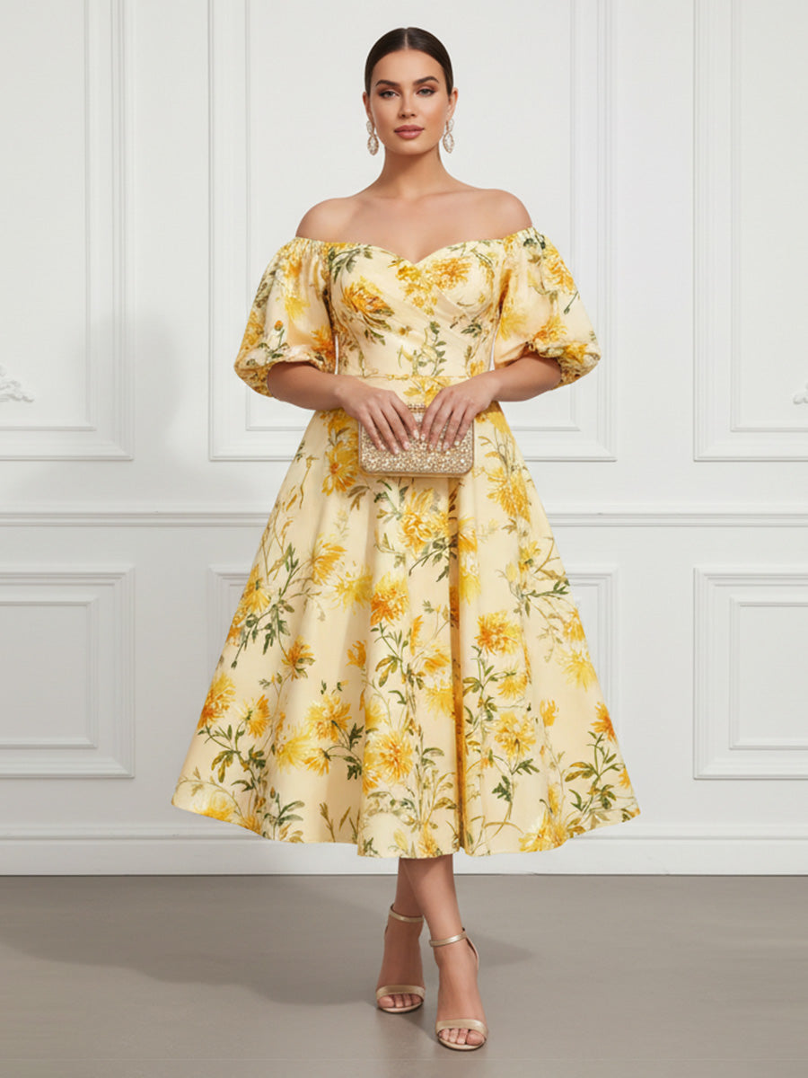 Floral Print A-Line/Princess Off Shoulder Tea-Length Cocktail Dresses for Women