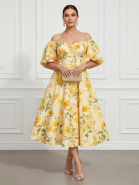 Floral Print A-Line/Princess Off Shoulder Tea-Length Cocktail Dresses for Women
