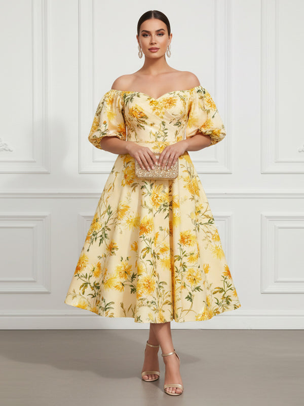 Floral Print A-Line/Princess Off Shoulder Tea-Length Cocktail Dresses for Women