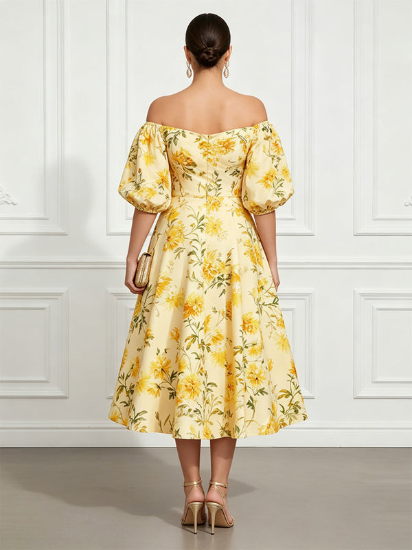 Floral Print A-Line/Princess Off Shoulder Tea-Length Cocktail Dresses for Women