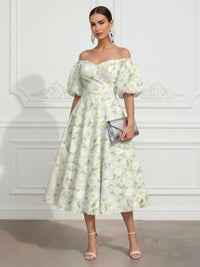 Floral Print A-Line/Princess Off Shoulder Tea-Length Cocktail Dresses for Women
