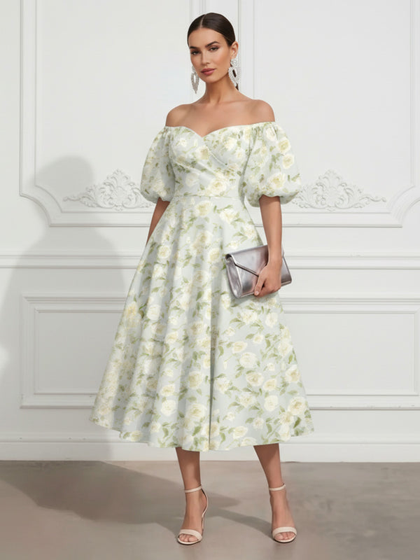 Floral Print A-Line/Princess Off Shoulder Tea-Length Cocktail Dresses for Women