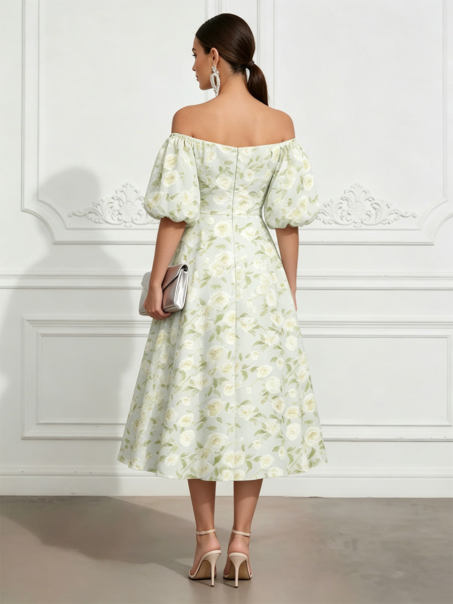 Floral Print A-Line/Princess Off Shoulder Tea-Length Cocktail Dresses for Women