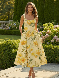 Floral Print A-Line/Princess Square Neck Tea-Length Cocktail Dresses with Pockets