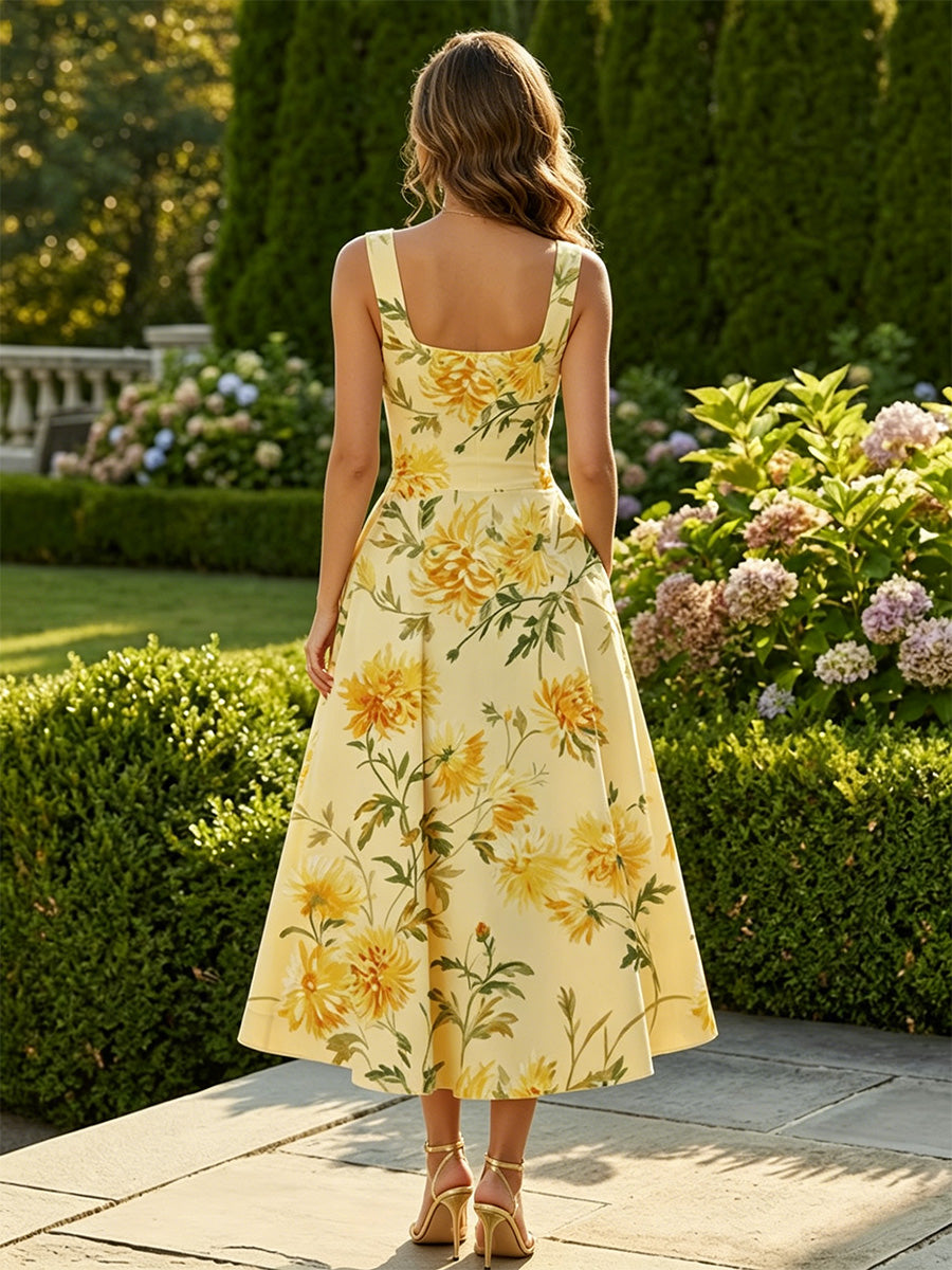 Floral Print A-Line/Princess Square Neck Tea-Length Cocktail Dresses with Pockets