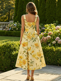 Floral Print A-Line/Princess Square Neck Tea-Length Cocktail Dresses with Pockets
