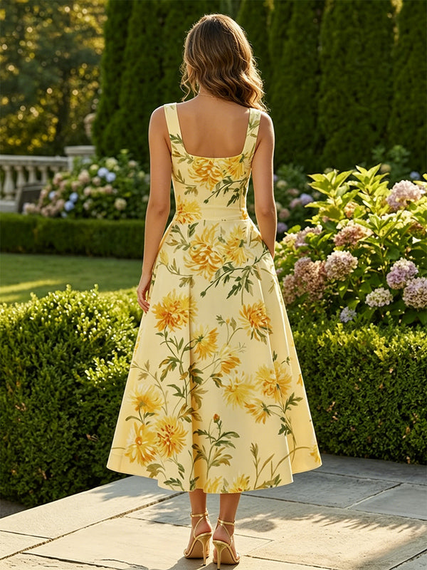 Floral Print A-Line/Princess Square Neck Tea-Length Cocktail Dresses with Pockets