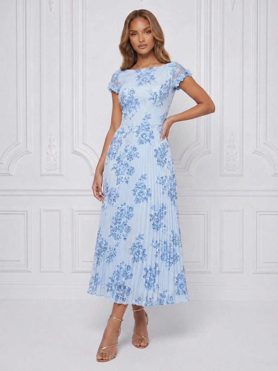 Floral Print A-Line/Princess Scoop Neck Tea-Length Cocktail Dresses with Pleats
