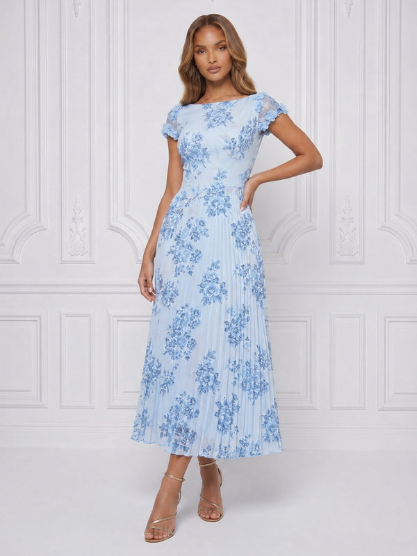 Floral Print A-Line/Princess Scoop Neck Tea-Length Cocktail Dresses with Pleats