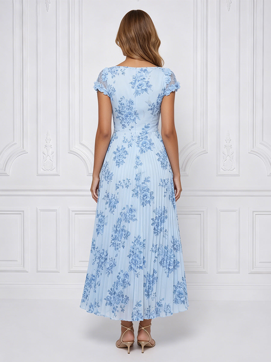Floral Print A-Line/Princess Scoop Neck Tea-Length Cocktail Dresses with Pleats