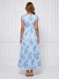 Floral Print A-Line/Princess Scoop Neck Tea-Length Cocktail Dresses with Pleats