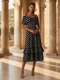 Chiffon A-Line/Princess Off Shoulder Midi-Length Cocktail Dresses with Polka Dot Print