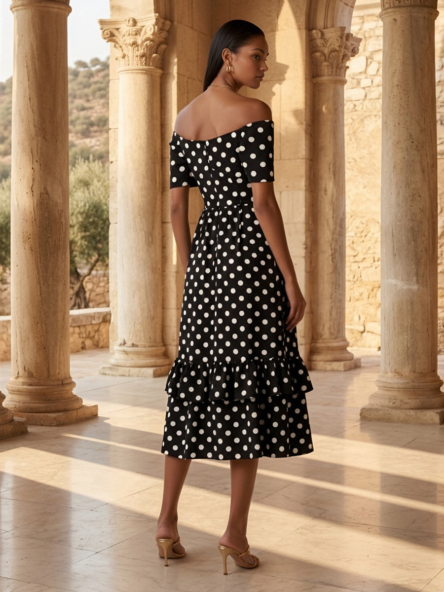 Chiffon A-Line/Princess Off Shoulder Midi-Length Cocktail Dresses with Polka Dot Print